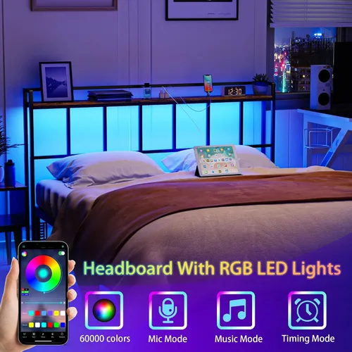 Vista 5 de LAKEMID Cabecera tamaño Queen, cabeceros con luz LED, salidas y puertos USB, cabecera con estante de almacenamiento, cabecera resistente y estable
