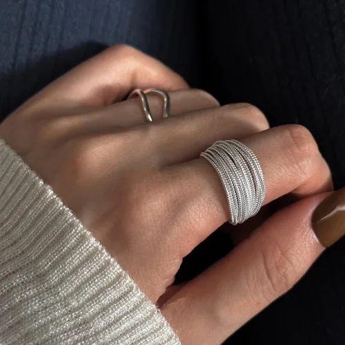 Vista 3 de EXPHAIN Anillo ajustable para mujer, de múltiples capas, único, envolvente, minimalista, a la moda, anillos de plata, joyería, Metal no precioso.