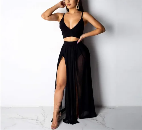 Vista 3 de Nhicdns Beach Outfits for Women Sexy 2 Piece Crop Top Hight Slit Mesh Skirt Maxi Dress Sets Swimwear Cover Ups