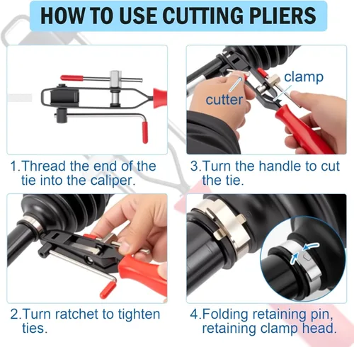 Vista 4 de Kit de alicates de abrazadera de arranque CV con 10 bandas de crimpado tipo oreja para ejes de automóviles y ATV CV axle boot crimping tool with