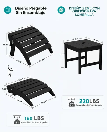 Vista 3 de SERWALL Juego de 5 piezas con silla Adirondack ajustable, puf otomano y mesa, negro