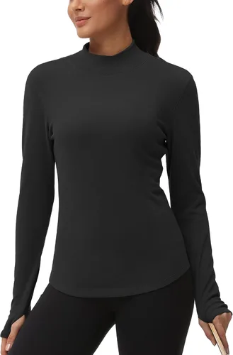 Vista 2 de THE GYM PEOPLE Camisas de forro polar de cuello alto falso de capa base, camisetas de entrenamiento de manga larga con agujero para el pulgar
