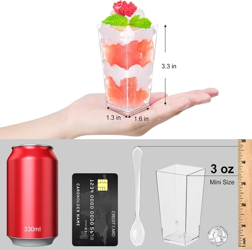 Vista 2 de TOFLEN Paquete de 50 unidades de tazas de postre mini cuadradas de 3 onzas con cucharas, tazas de postre transparentes de plástico para fiesta