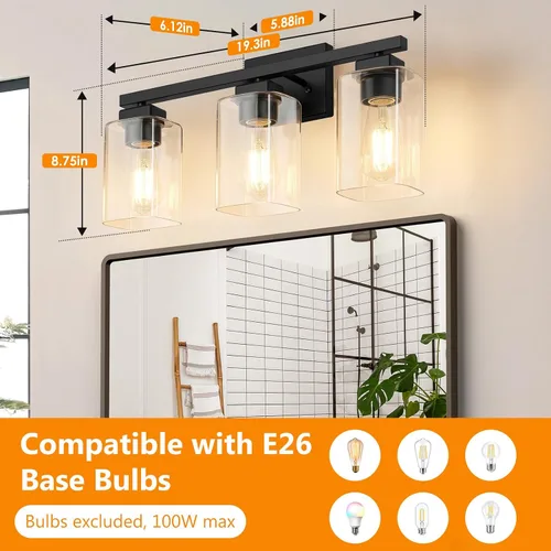 Vista 4 de Lámpara de baño de 3 luces de 19 pulgadas, moderna lámpara de tocador negra, accesorios de iluminación de baño sobre espejo, lámpara de aplique