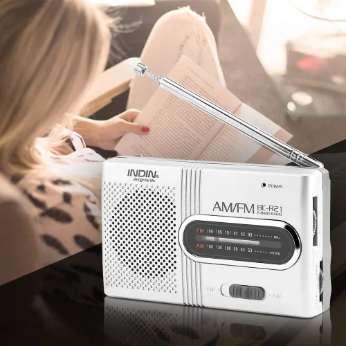 Vista 4 de Receptor de radio AM/FM portátil, radio AM FM de bolsillo con antena telescópica altavoz integrado y conector para auriculares para viajes al aire