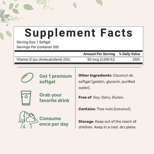 Vista 2 de Micro Ingredients Vitamina D3 2,000 UI, 500 cápsulas blandas Aceite de coco virgen Forma de colecalciferol Apoyo óseo, inmunológico y cardíaco