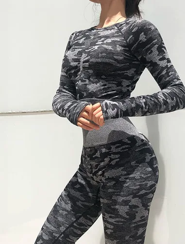 Vista 3 de RIOJOY Conjunto de 2 piezas de yoga para mujer, sin costuras, manga larga, con agujeros para el pulgar, yoga, gimnasio, compresión, camisetas