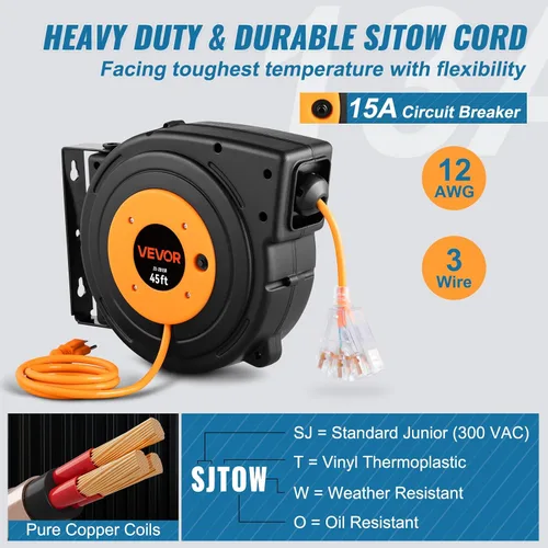 Vista 43 de VEVOR Carrete de cable de extensión retráctil de 25 pies resistente 14AWG Rojo