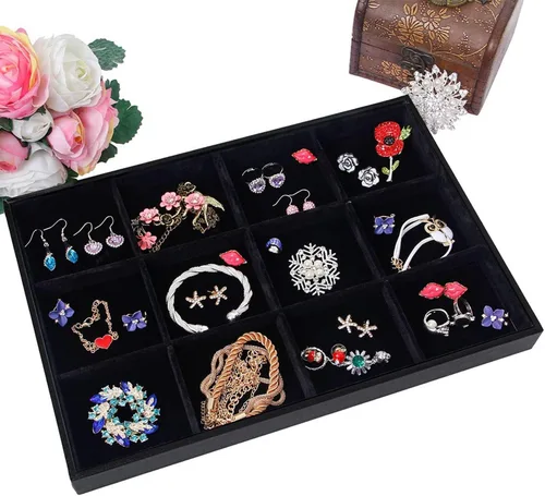 Vista 4 de Pimuza Bandeja de joyería apilable de terciopelo negro de 12 rejillas para mujer, colgante de piedras preciosas, diamante, organizador