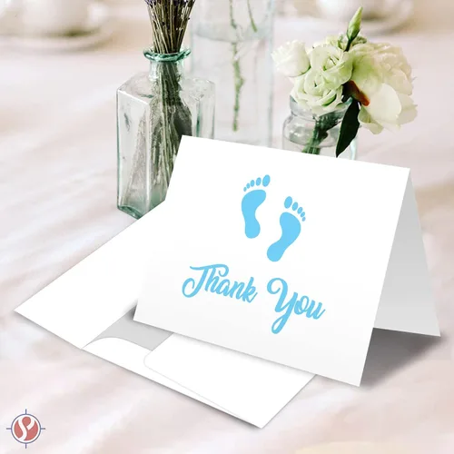 Vista 2 de Tarjetas de felicitación de agradecimiento con huella azul para bebé, baby shower, cumpleaños, invitación, felicitación, celebración, tarjetas