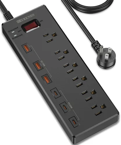 Vista 8 de HITRENDS - Regleta de alimentación con USB, cable de extensión de enchufe plano de 6 pies con 8 tomas, 3 puertos USB y 3 puertos tipo C (5V/3A)
