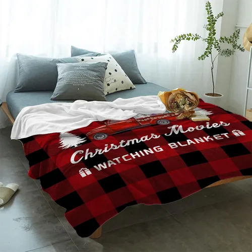 Vista 2 de Manta de Navidad para Camión, Super Suave de Franela y Forro Polar, "Esta es mi manta para ver películas de Navidad", Árbol Camión Rojo a Cuadros