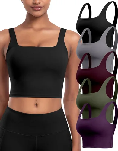 Vista 20 de Sujetadores deportivos para mujer, paquete de 5 unidades, cuello cuadrado, camiseta corta sin mangas acolchada para yoga con almohadillas integradas