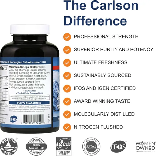 Vista 2 de Carlson - Omega Máximo 2000, 2000 mg de ácidos grasos Omega-3 incluyendo EPA y DHA, Aceite de Pescado Noruego de Pesca Silvestre, Suplemento