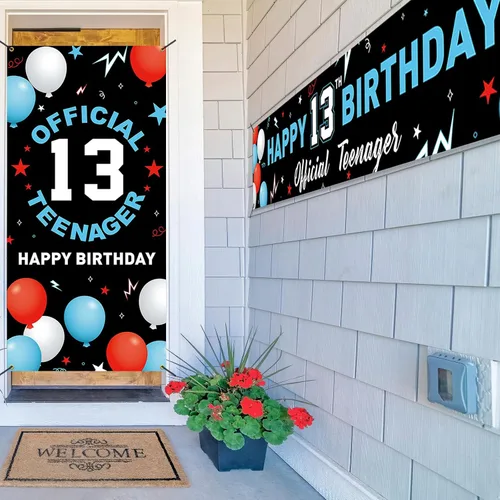 Vista 5 de Kit de decoración de pancarta de fondo de cumpleaños de 13 años, decoración de feliz cumpleaños número 13 para niños y niñas, suministros oficiales