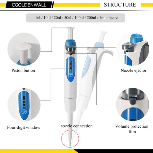 Vista 3 de CGOLDENWALL Lab Micropipeta manual ajustable pipeta pipeta pipeta de volumen ajustable y fijo, pantalla de un solo canal de cuatro dígitos