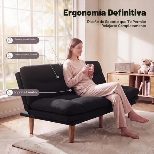 Vista 5 de Flamaker Sofá cama futón ajustable de 66 pulgadas con reposabrazos y respaldo ajustables, moderno sofá futón convertible para espacios pequeños Negro