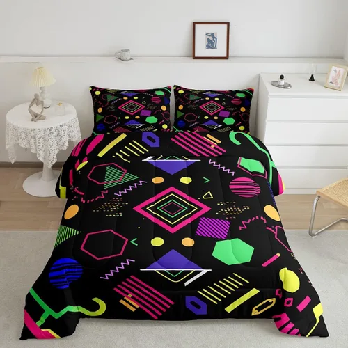 Vista 35 de Juego de edredón de estilo retro de los años 80, juego de ropa de cama de patrón geométrico abstracto, diseño urbano moderno con círculos