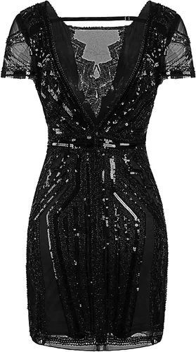 Vista 4 de Vijiv - Vestido corto de graduación con escote y lentejuelas inspirado en vestidos antiguos de 1920