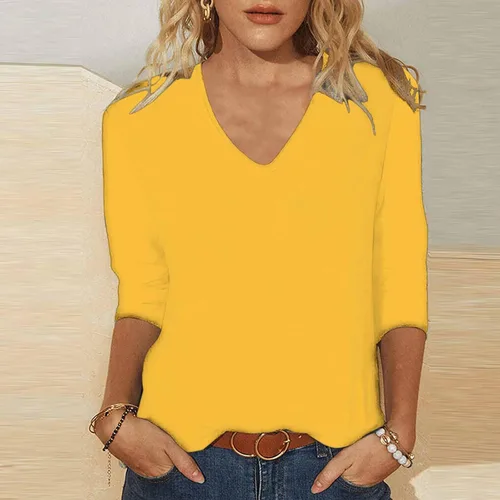 Vista 2 de Women Summer 34 Length Sleeve Tops 2024 Trendy Solid Color V-Neck Blouse Tunic Causal Oversiezd Vacation Clothes