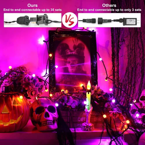 Vista 3 de Brizled - Luces de Halloween moradas y naranjas, 7.5 mt, 70 luces LED G12, de 120 V, enchufables, luces moradas y naranjas, juego de luces