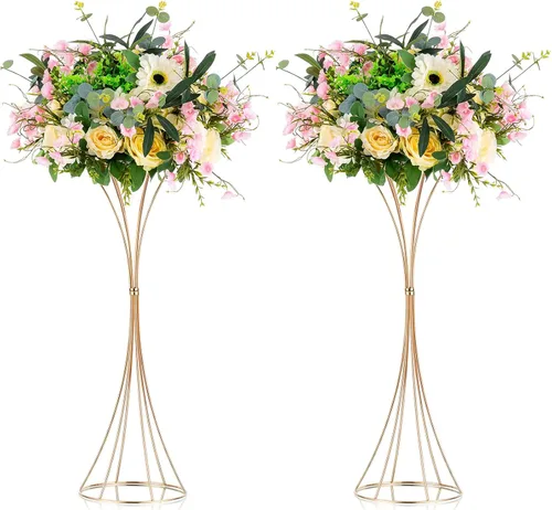 Vista 11 de NUPTIO 2 centros de mesa de boda para mesas, jarrón de trompeta de metal de 19.7 pulgadas de alto, jarrones dorados para centros de mesa, estante