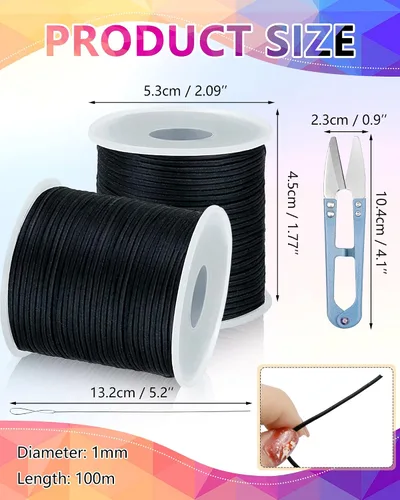 Vista 2 de FIVEIZERO 2 Rollos de Cuerda Elástica Negra para Pulseras Total 330 Pies, Cordón Elástico de 1mm, 1.2mm, 1.5mm para Enhebrar con Aguja