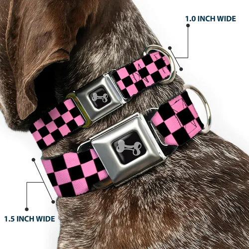 Vista 2 de Collar de perro Buckle-Down Checker negro/rosa bebé, multicolor, "1" ancho - se adapta a cuello de 9-15" - pequeño