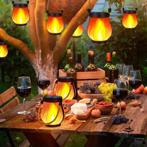 Vista 2 de Faroles solares impermeables para exteriores, paquete de 2 faroles solares de llama bailarina, luces para exteriores, funciona con USB/energía
