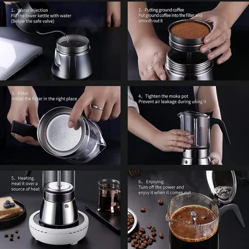 Vista 5 de Máquina de café expreso con tapa de cristal y acero inoxidable, cafetera italiana clásica, olla Moka - 4/6/9 tazas, 12.2 fl oz/12.7oz/9 tazas