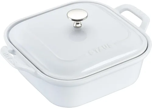 Vista 5 de STAUB Juego de 4 sartenes de cerámica para hornear, cacerola con tapa, sartén para brownies, color blanco
