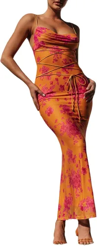 Vista 2 de Vestido midi floral para mujer, largo, ajustado, estampado floral, sin mangas, tirantes delgados, ajustado, con lazo, playa, verano, club