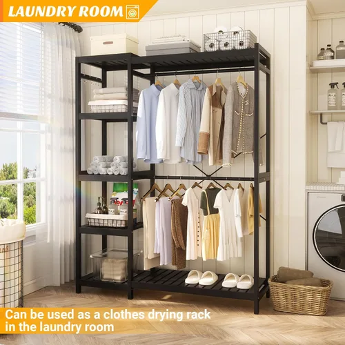Vista 7 de Homykic Perchero de bambú para colgar ropa, perchero resistente con estantes ajustables de 7 niveles, varillas dobles, 4 ganchos, sistema de armario