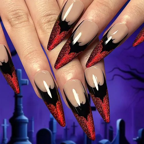 Vista 14 de Paquete de 6 144 uñas acrílicas de Halloween a presión, uñas postizas reutilizables de cobertura completa, uñas postizas adhesivas con pegamento