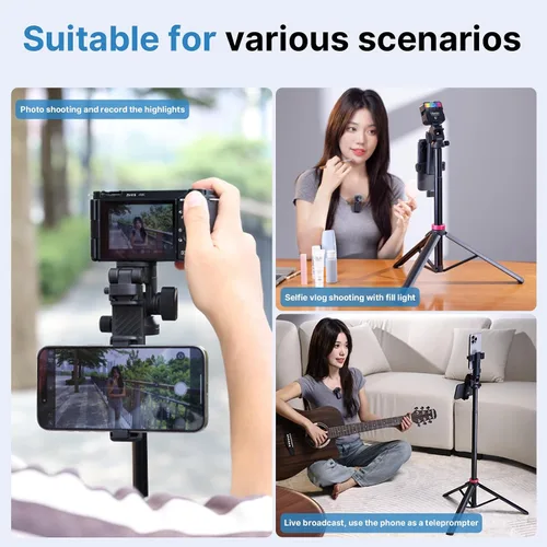 Vista 3 de ULANZI MT-78 Trípode extensible para teléfono, de metal de 72.83 pulgadas, soporte de trípode para cámara selfie stick con clip de teléfono 2 en 1