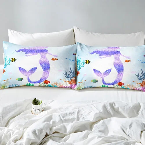 Vista 4 de Erosebridal Juego de sábanas de cola de sirena, tamaño individual para niños pequeños, sábana bajera ajustable de animales marinos náuticos