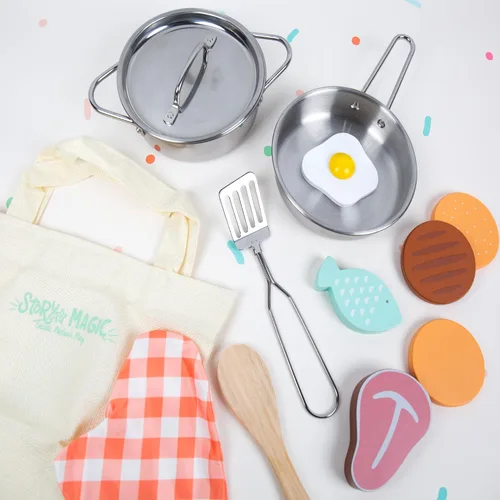 Vista 3 de Story Magic Juego de cocina de madera, juego de cocina de madera para niños de más de 4 años