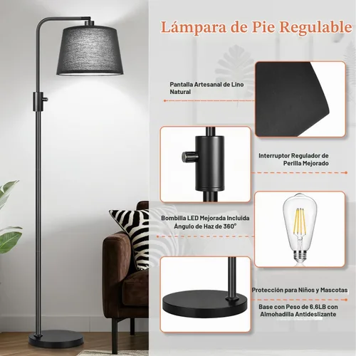 Vista 5 de Nintiue [Actualizada] Lámpara de pie regulable, bombilla LED Edison de 1000 lúmenes incluida, pantalla negra, lámpara de pie alta moderna de arco