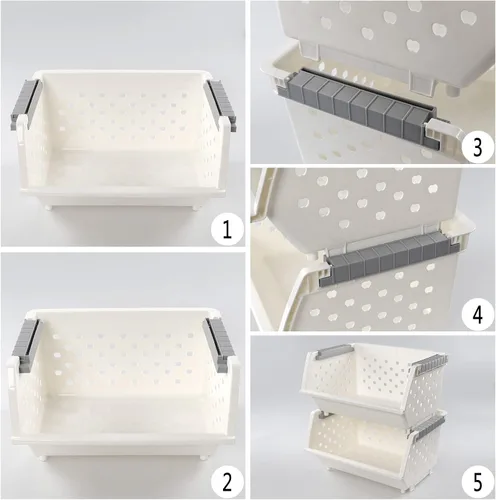 Vista 4 de Bringer Paquete de 4 cestas de almacenamiento apilables de plástico, cesta organizadora apilable de cocina, color blanco Stackable Storage Basket