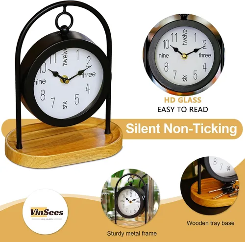 Vista 2 de Reloj de escritorio de metal negro con base de madera, reloj de mesa decorativo para sala de estar, relojes de repisa silenciosos, decoración