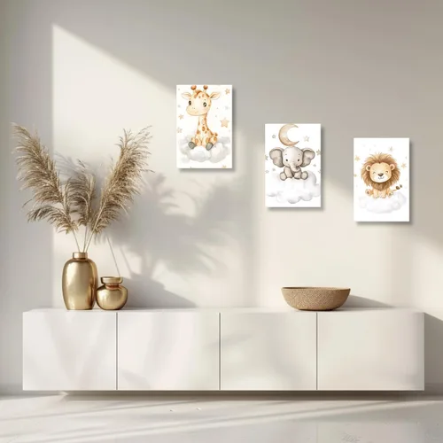 Vista 3 de DOARTDO Lienzo decorativo para cuarto de bebé, 3 piezas, diseño de elefante, león, jirafa, pintura para habitación de niños, marco decorativo