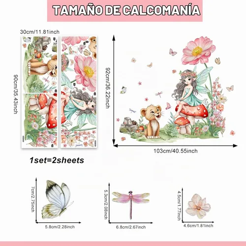 Vista 7 de 2 hojas de calcomanías de pared de hadas para dormitorio de niñas, murales de pared de flores, vinilo para despegar y pegar, calcomanías de pared