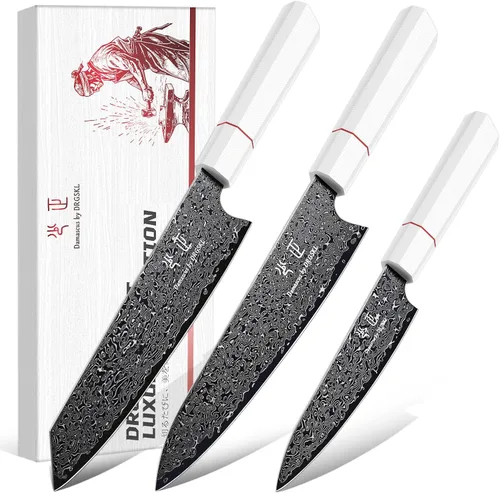 Vista 9 de DRGSKL Cuchillo de fruta de Damasco de 3.5 pulgadas - Cuchillo de pelar VG10 para corte de precisión - Cuchillos de cocina pequeños con mango