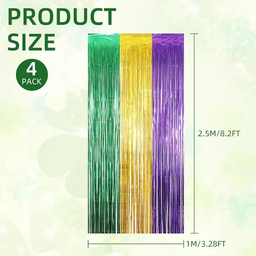 Vista 3 de Paquete de 4 cortinas de flecos de papel de aluminio Mardi Gras de 3.2 x 8.2 pies, cortina de fondo verde dorado y morado, cortina de fondo metálico