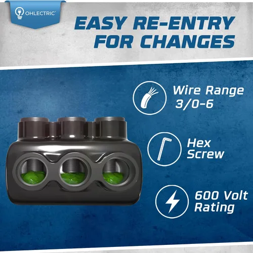 Vista 3 de Conector de cable aislado, entrada lateral doble de 3 puertos, 3/0–6 AWG, tornillo hexagonal de 7/32 ″, inhibidor de óxido prellenado, conector