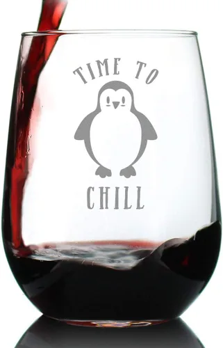 Vista 5 de Custom Time to Chill - Personalized Stemless Wine Glass - Funny Penguin Themed Gifts and Decor - Large 17 oz - Customized Wine Glass Gift