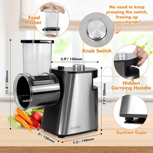 Vista 4 de Rallador de queso eléctrico Anatole de acero inoxidable, triturador de vegetales de 6 cuchillas, 250W, entrada y salida grandes, libre de BPA, 110V