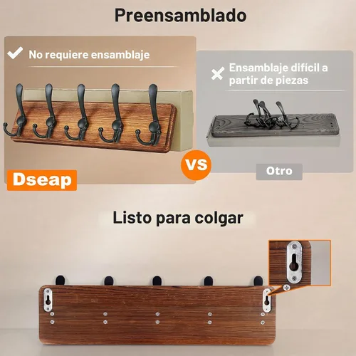 Vista 4 de Dseap Perchero de Pared Montado - 5 Ganchos Triangulares, Resistente, Perchero de Pared de Madera para Abriggos, Sombreros, Chaquetas, Ropa, Negro