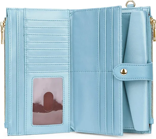 Vista 5 de YALUXE Billeteras con doble cremallera para mujer, cartera para teléfono celular, tarjetero de cuero vegano