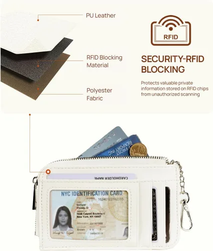 Vista 3 de Telena Cartera delgada para mujer, con bloqueo RFID, tarjetero de cuero con llavero plateado, color beige